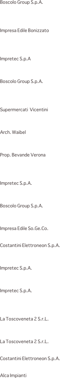                                                                                        

Boscolo Group S.p.A.
                                                                                                                                



Impresa Edile Bonizzato

	                                        


Impretec S.p.A
	                                       


Boscolo Group S.p.A.




Supermercati  Vicentini                                                               



Arch. Waibel

	            

Prop. Bevande Verona
		   
 


Impretec S.p.A.


				                      
Boscolo Group S.p.A.

             

Impresa Edile So.Ge.Co.


Costantini Elettroneon S.p.A.

	             

Impretec S.p.A.

		             

Impretec S.p.A.
				                          



La Toscoveneta 2 S.r.L.

             

La Toscoveneta 2 S.r.L.
   

Costantini Elettroneon S.p.A.
		   

Alca Impianti
